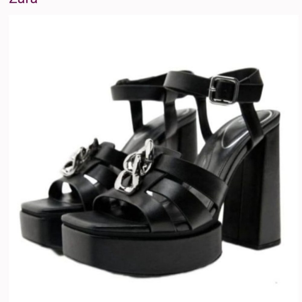 NEW Zara Black Chain Detail Chunky High Heel Platform Sandals Size 38